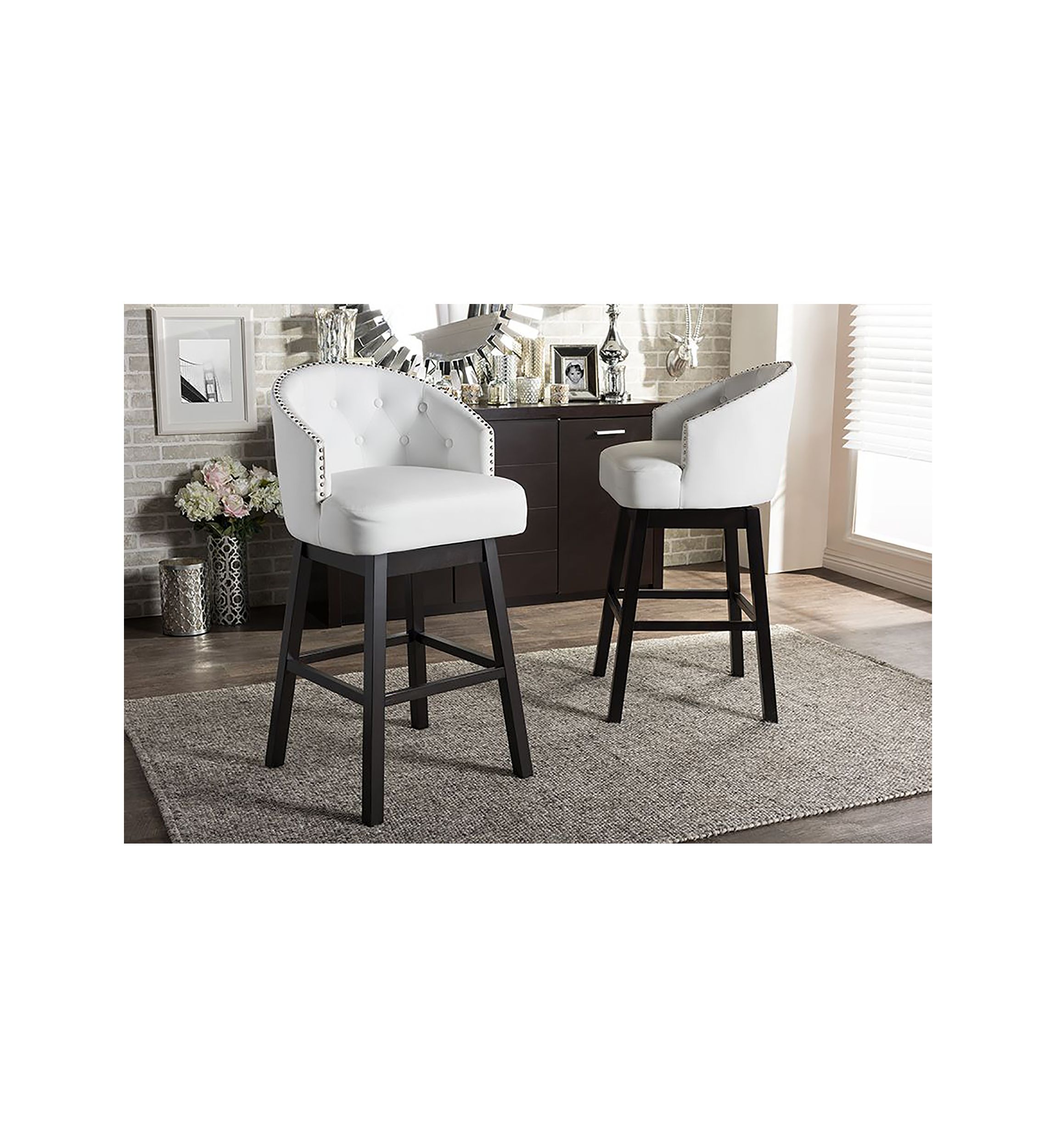 Avril Modern and Contemporary White Faux Leather Tufted Swivel Barstool with Nail heads Trim