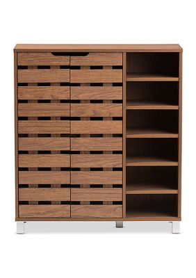 Shirley Modern and Contemporary "Walnut" Medium Brown Wood 2-Door Shoe Cabinet with Open Shelves