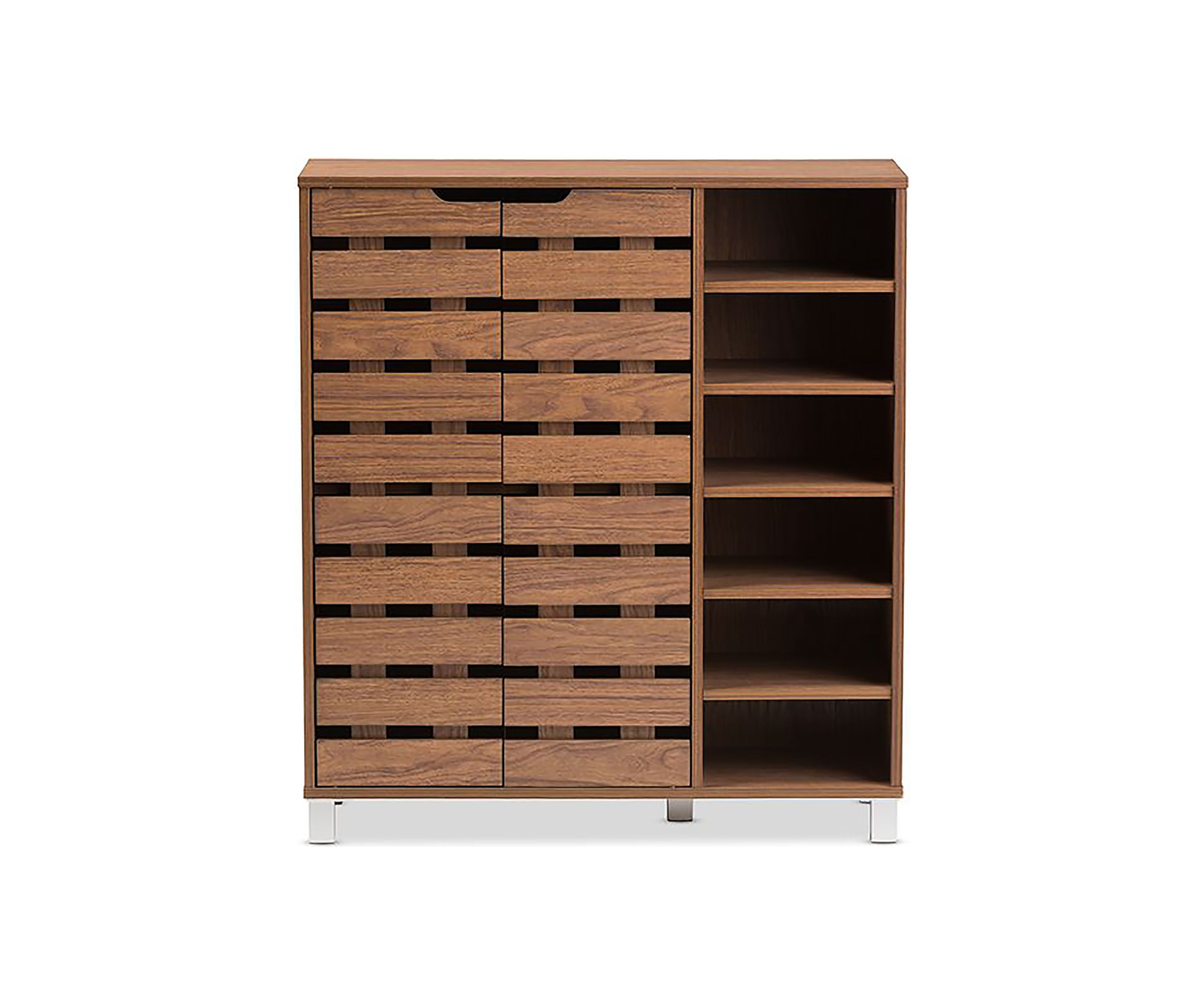 Shirley Modern and Contemporary "Walnut" Medium Brown Wood 2-Door Shoe Cabinet with Open Shelves
