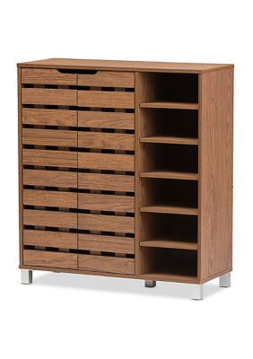 Shirley Modern and Contemporary "Walnut" Medium Brown Wood 2-Door Shoe Cabinet with Open Shelves