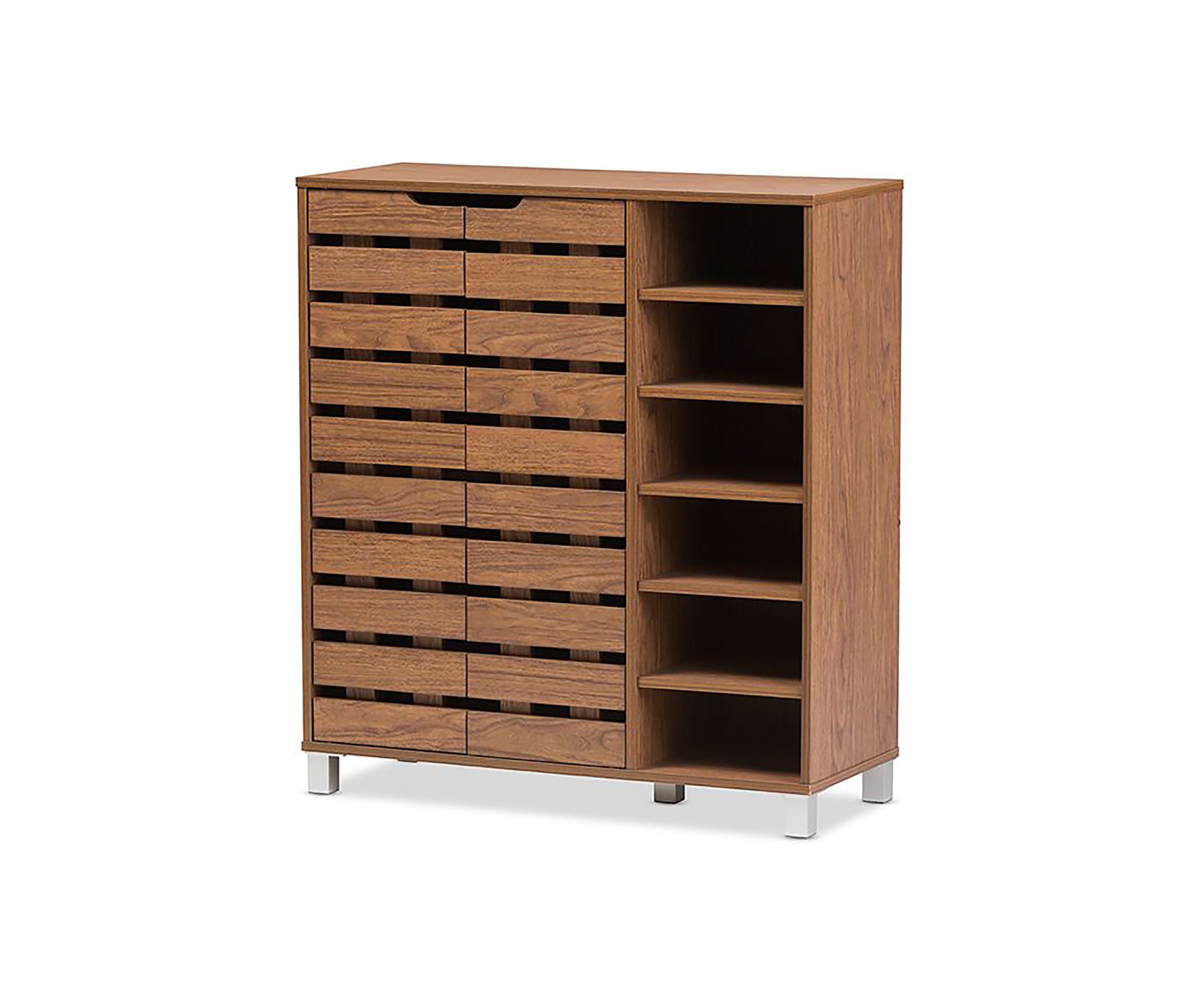 Shirley Modern and Contemporary "Walnut" Medium Brown Wood 2-Door Shoe Cabinet with Open Shelves