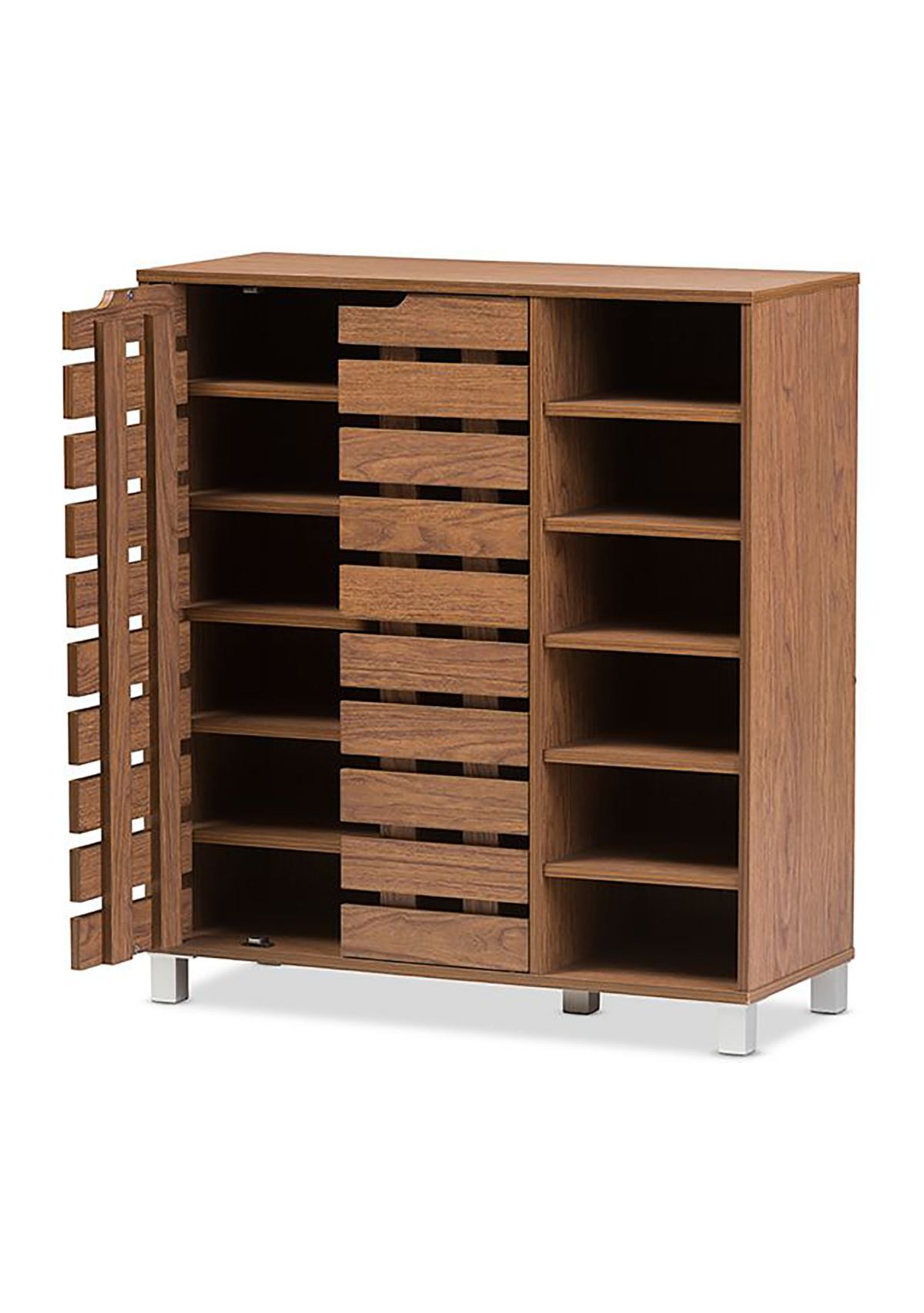Shirley Modern and Contemporary "Walnut" Medium Brown Wood 2-Door Shoe Cabinet with Open Shelves