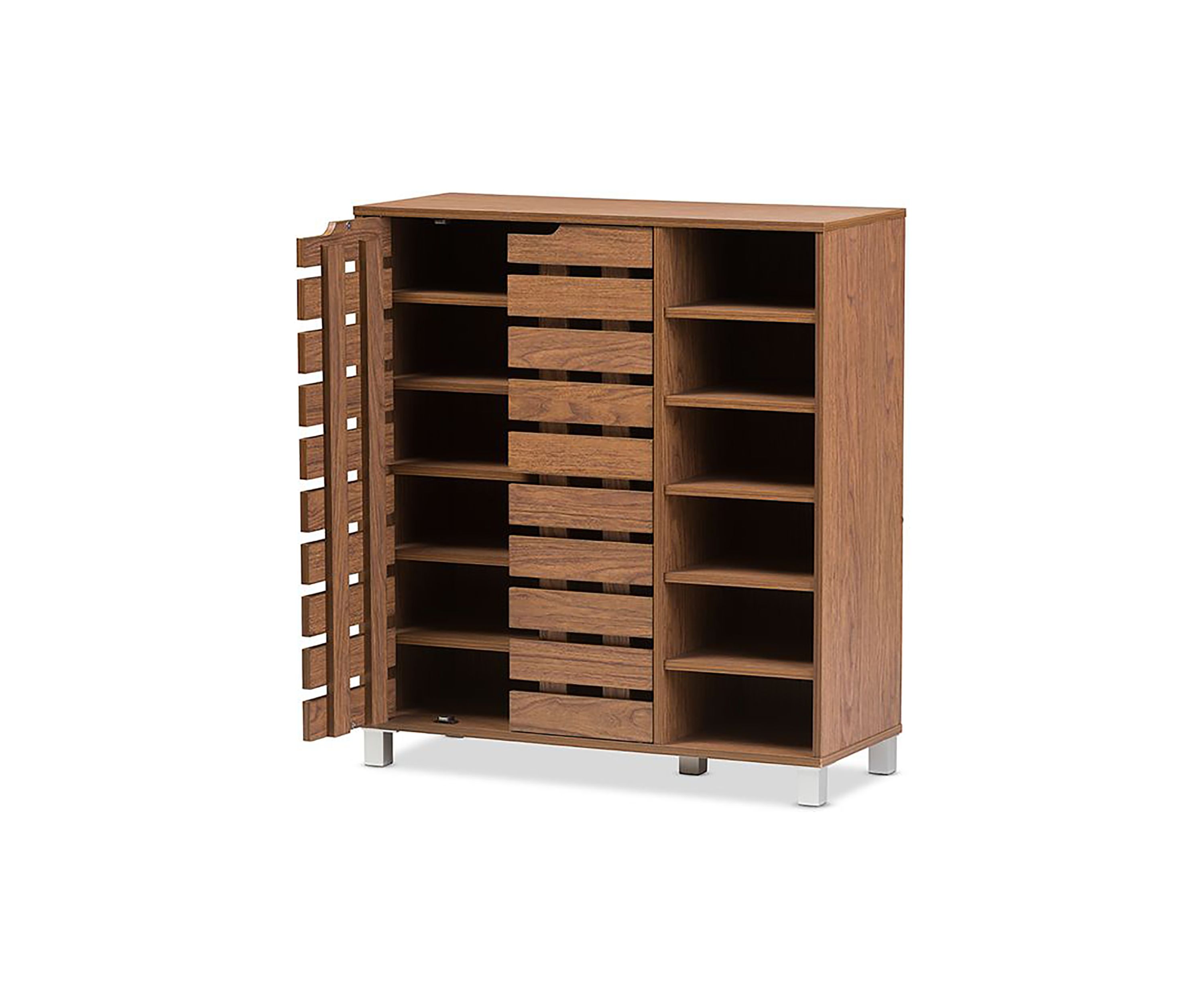 Shirley Modern and Contemporary "Walnut" Medium Brown Wood 2-Door Shoe Cabinet with Open Shelves