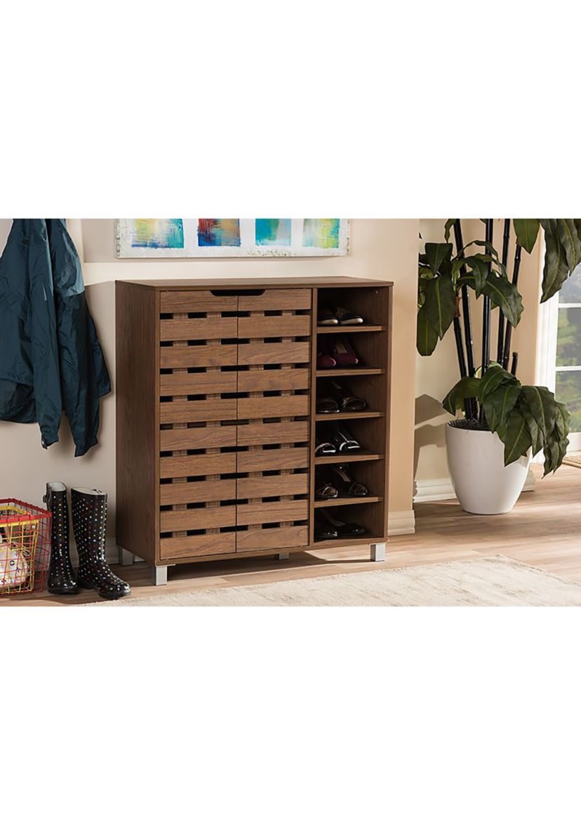 Shirley Modern and Contemporary "Walnut" Medium Brown Wood 2-Door Shoe Cabinet with Open Shelves