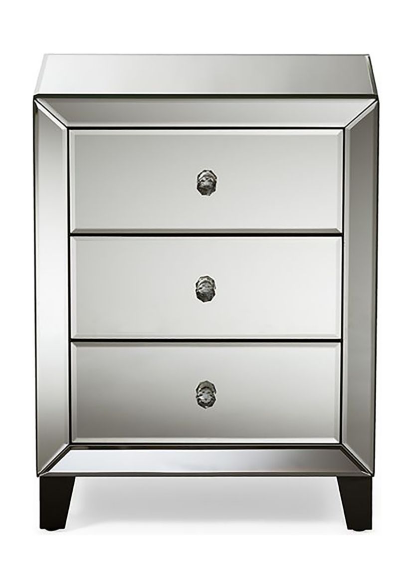 Chevron Modern and Contemporary Hollywood Regency Glamour Style Mirrored 3-Drawers Nightstand Bedside Table