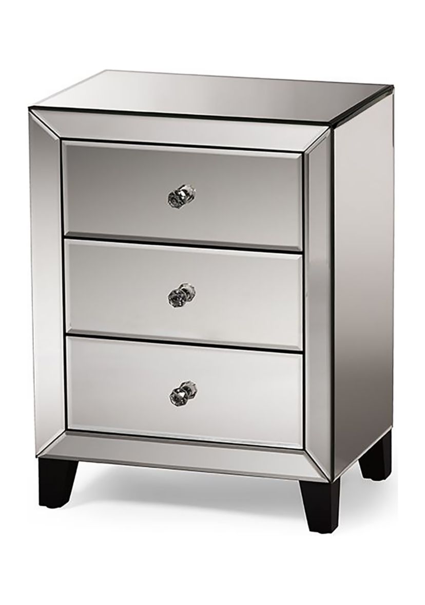 Chevron Modern and Contemporary Hollywood Regency Glamour Style Mirrored 3-Drawers Nightstand Bedside Table