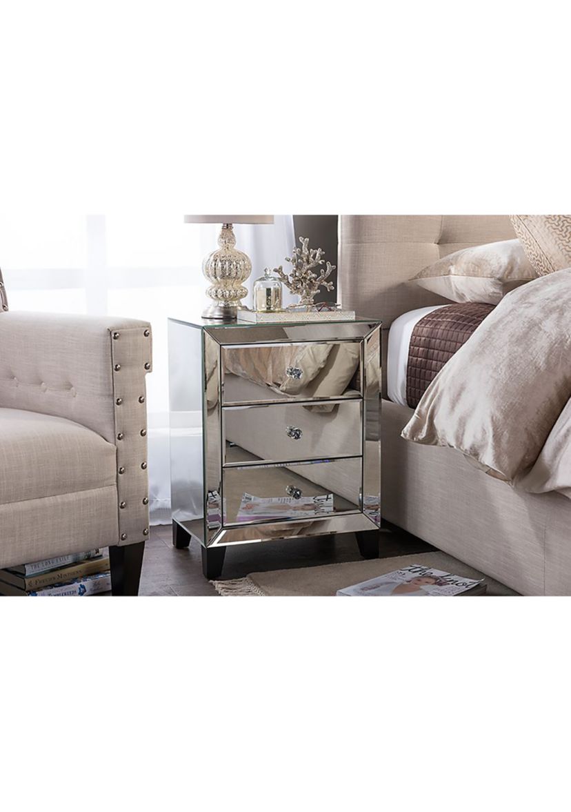 Chevron Modern and Contemporary Hollywood Regency Glamour Style Mirrored 3-Drawers Nightstand Bedside Table