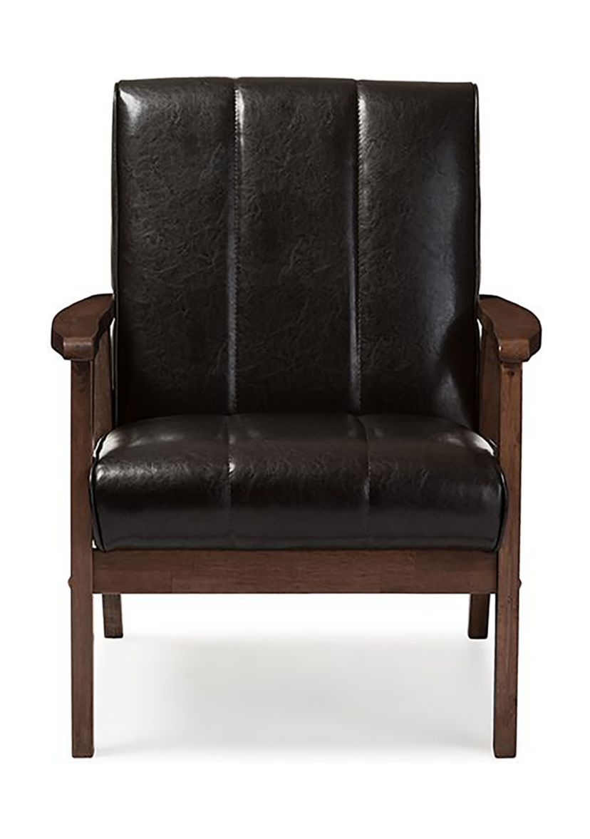 Nikko Mid-century Modern Scandinavian Style Dark Brown Faux Leather Wooden Lounge Chair