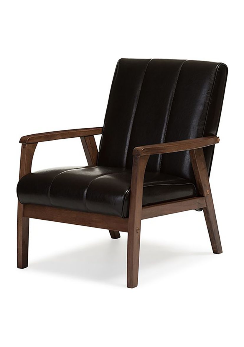 Nikko Mid-century Modern Scandinavian Style Dark Brown Faux Leather Wooden Lounge Chair