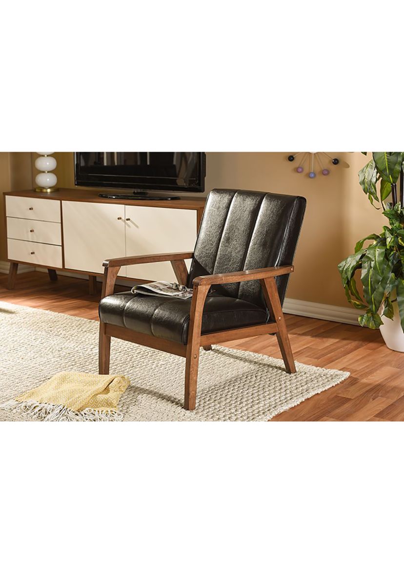 Nikko Mid-century Modern Scandinavian Style Dark Brown Faux Leather Wooden Lounge Chair
