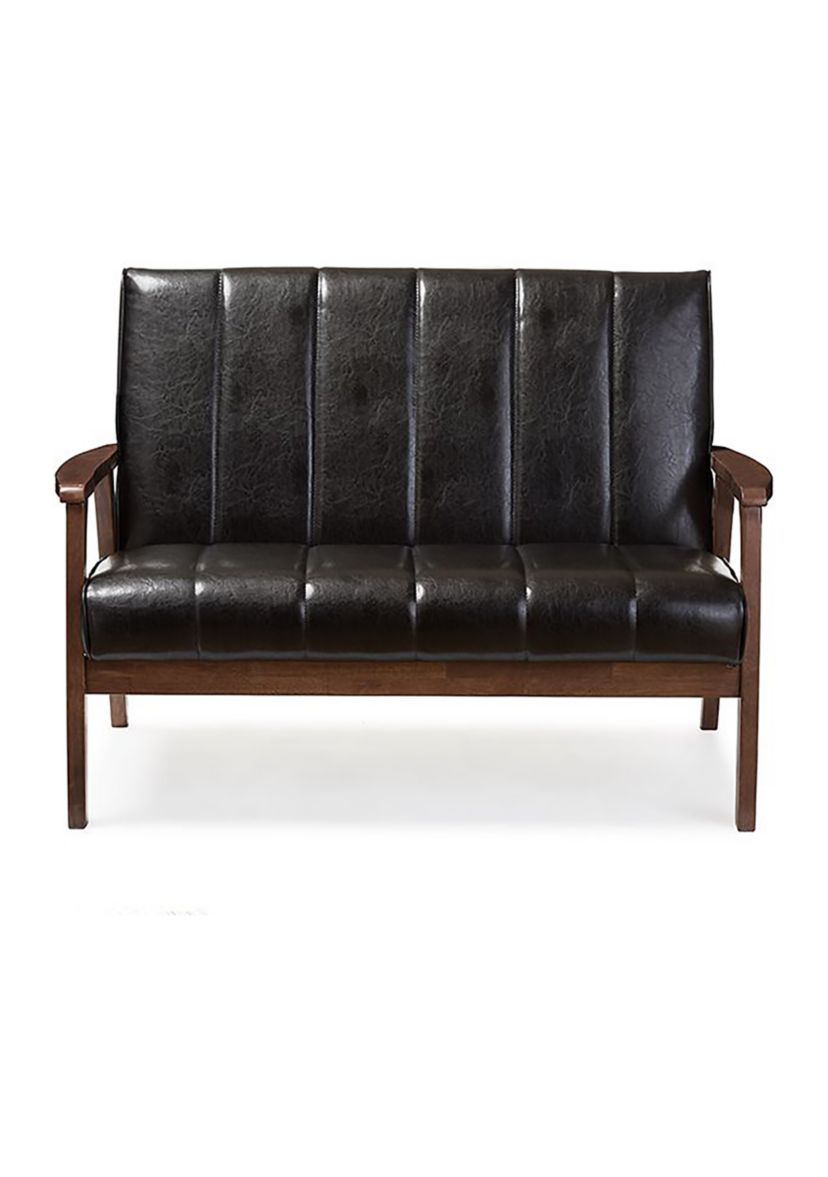 Nikko Mid-century Modern Scandinavian Style Black Faux Leather Wooden 2-Seater Loveseat