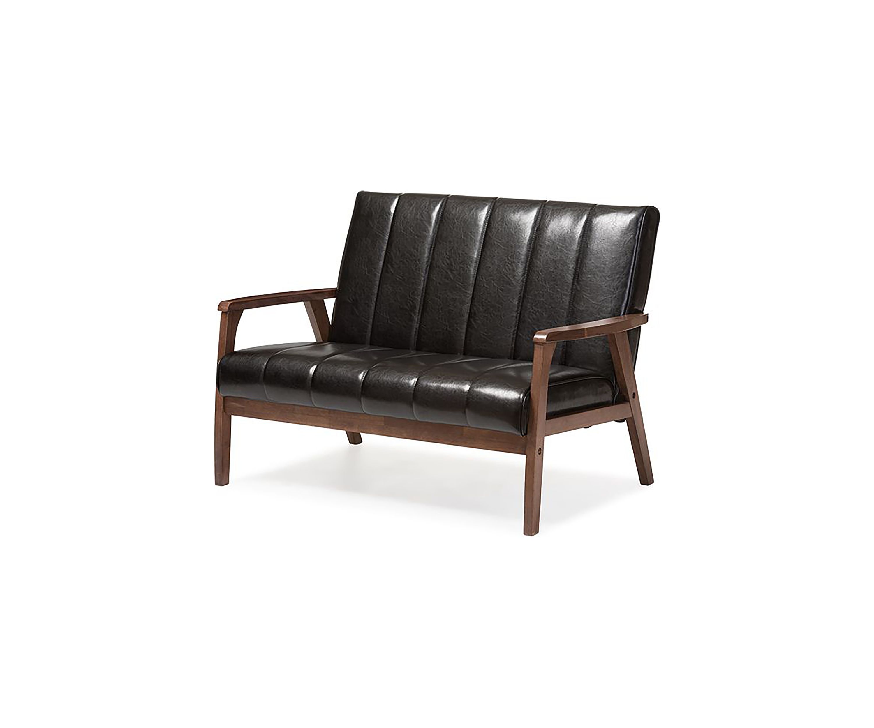 Nikko Mid-century Modern Scandinavian Style Black Faux Leather Wooden 2-Seater Loveseat