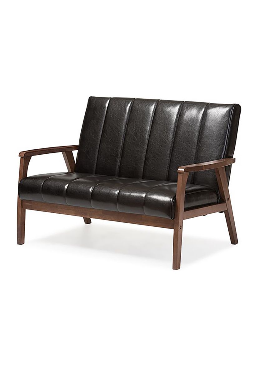 Nikko Mid-century Modern Scandinavian Style Black Faux Leather Wooden 2-Seater Loveseat