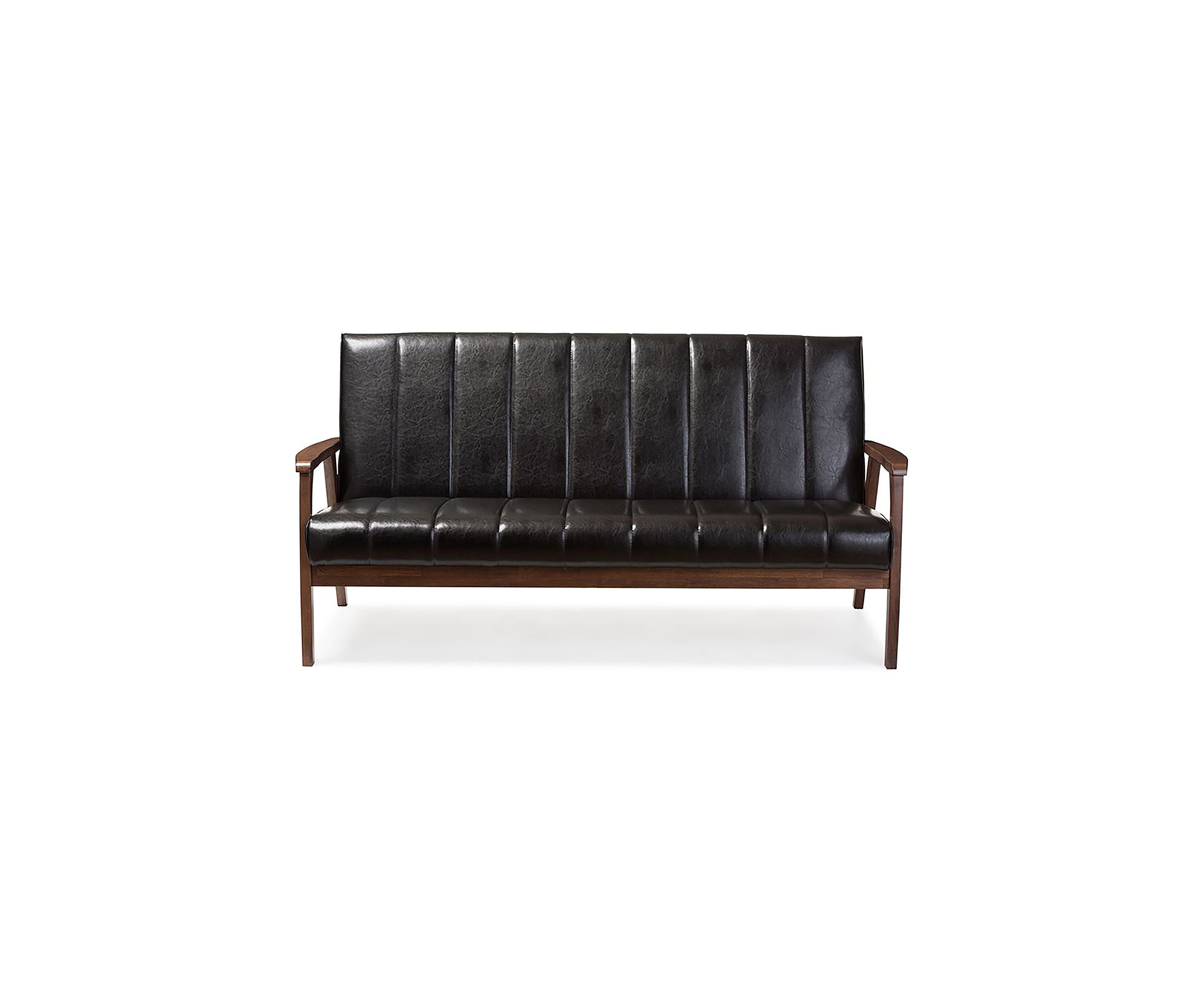 Nikko Mid-century Modern Scandinavian Style Black Faux Leather Wooden 3-Seater Sofa