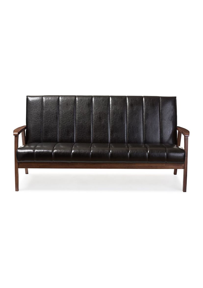Nikko Mid-century Modern Scandinavian Style Black Faux Leather Wooden 3-Seater Sofa