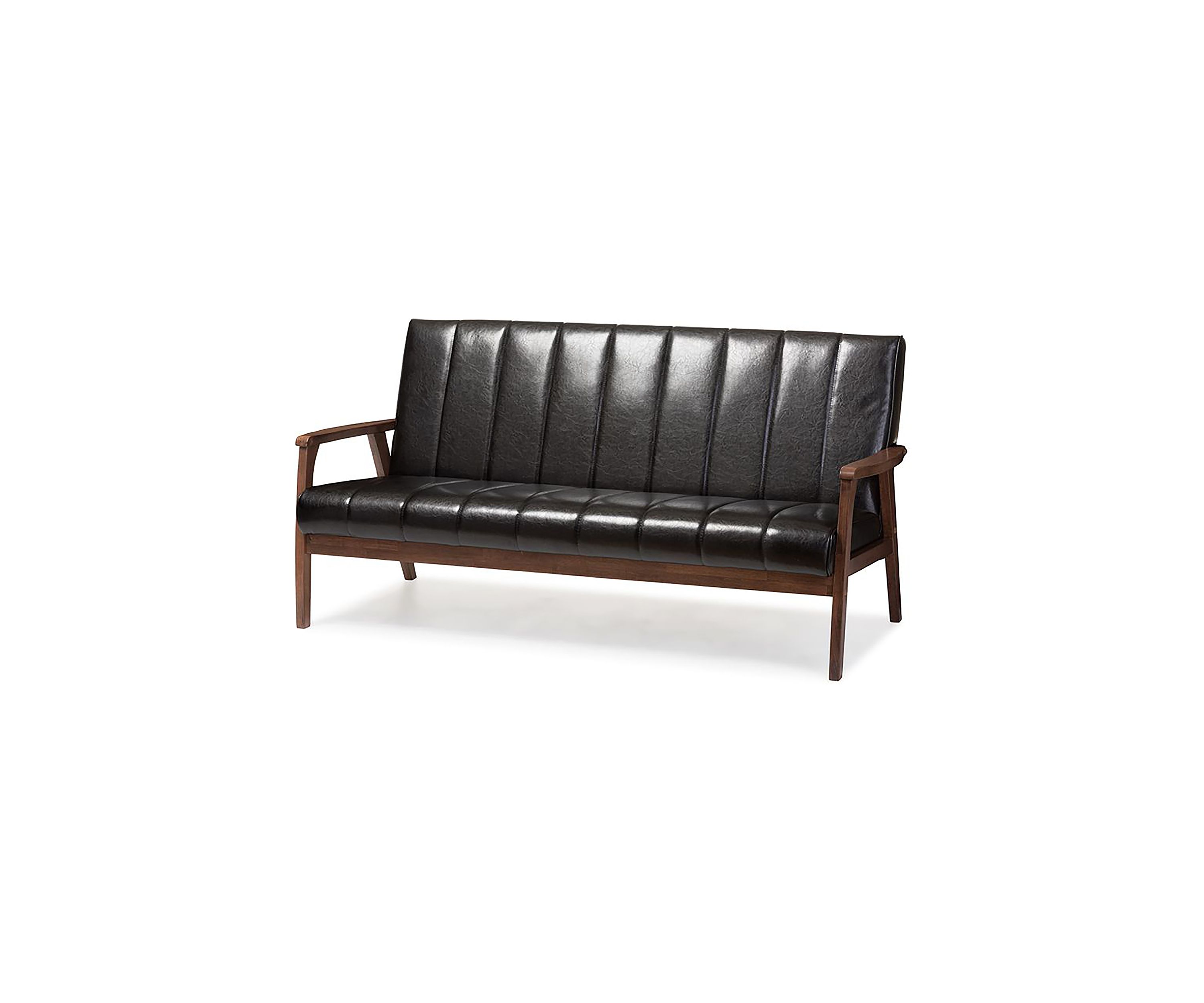 Nikko Mid-century Modern Scandinavian Style Black Faux Leather Wooden 3-Seater Sofa