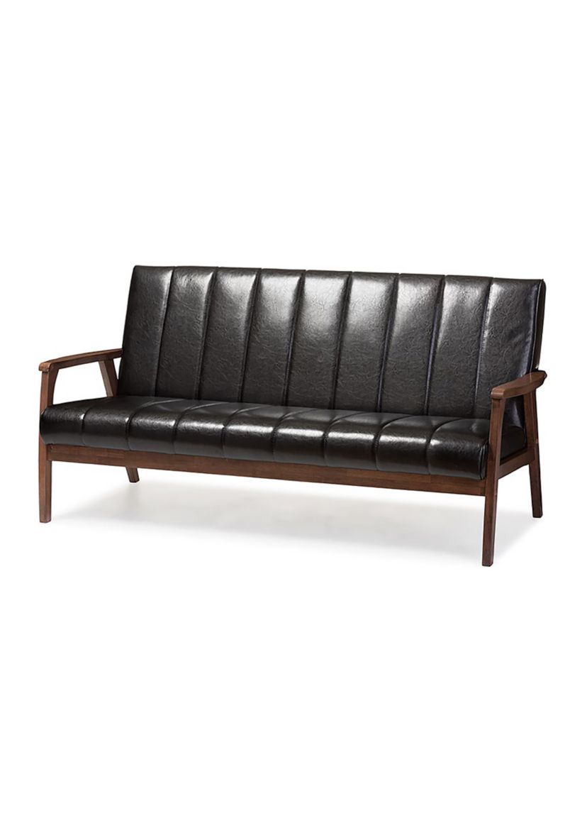 Nikko Mid-century Modern Scandinavian Style Black Faux Leather Wooden 3-Seater Sofa