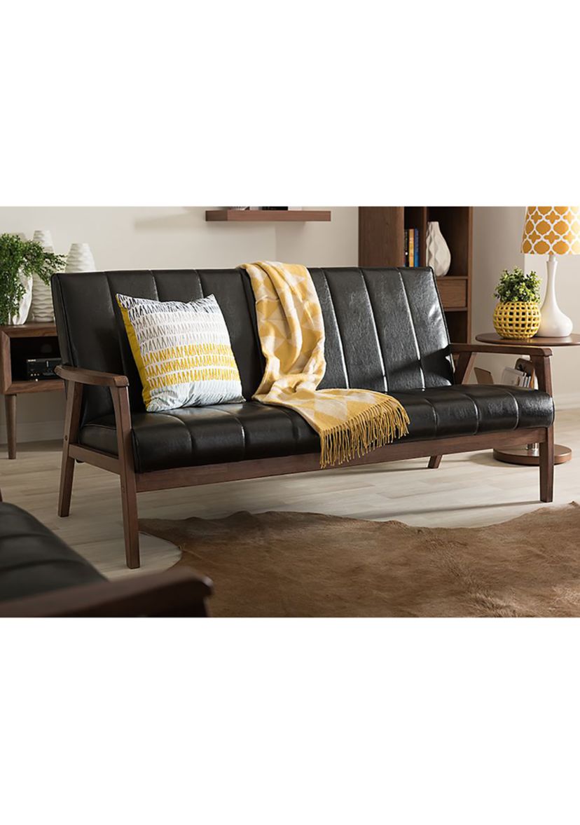 Nikko Mid-century Modern Scandinavian Style Black Faux Leather Wooden 3-Seater Sofa
