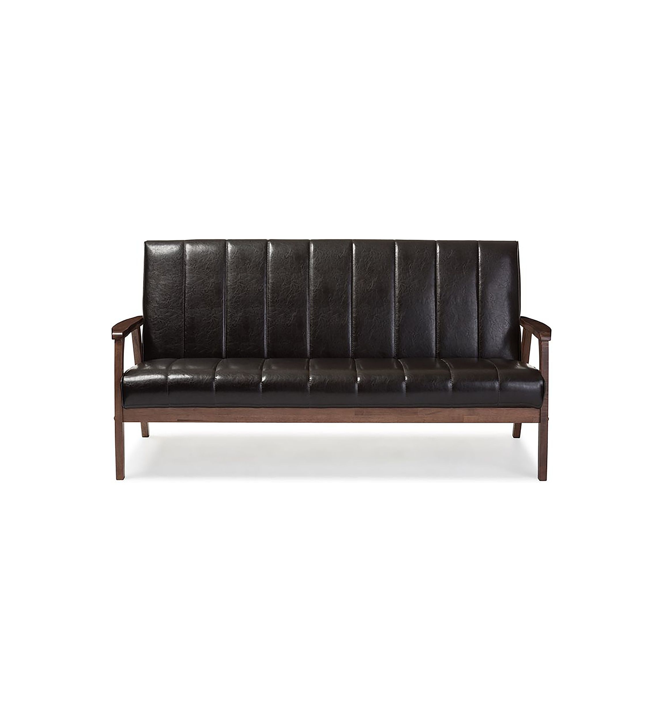 Nikko Mid-century Modern Scandinavian Style Dark Brown Faux Leather Wooden 3-Seater Sofa
