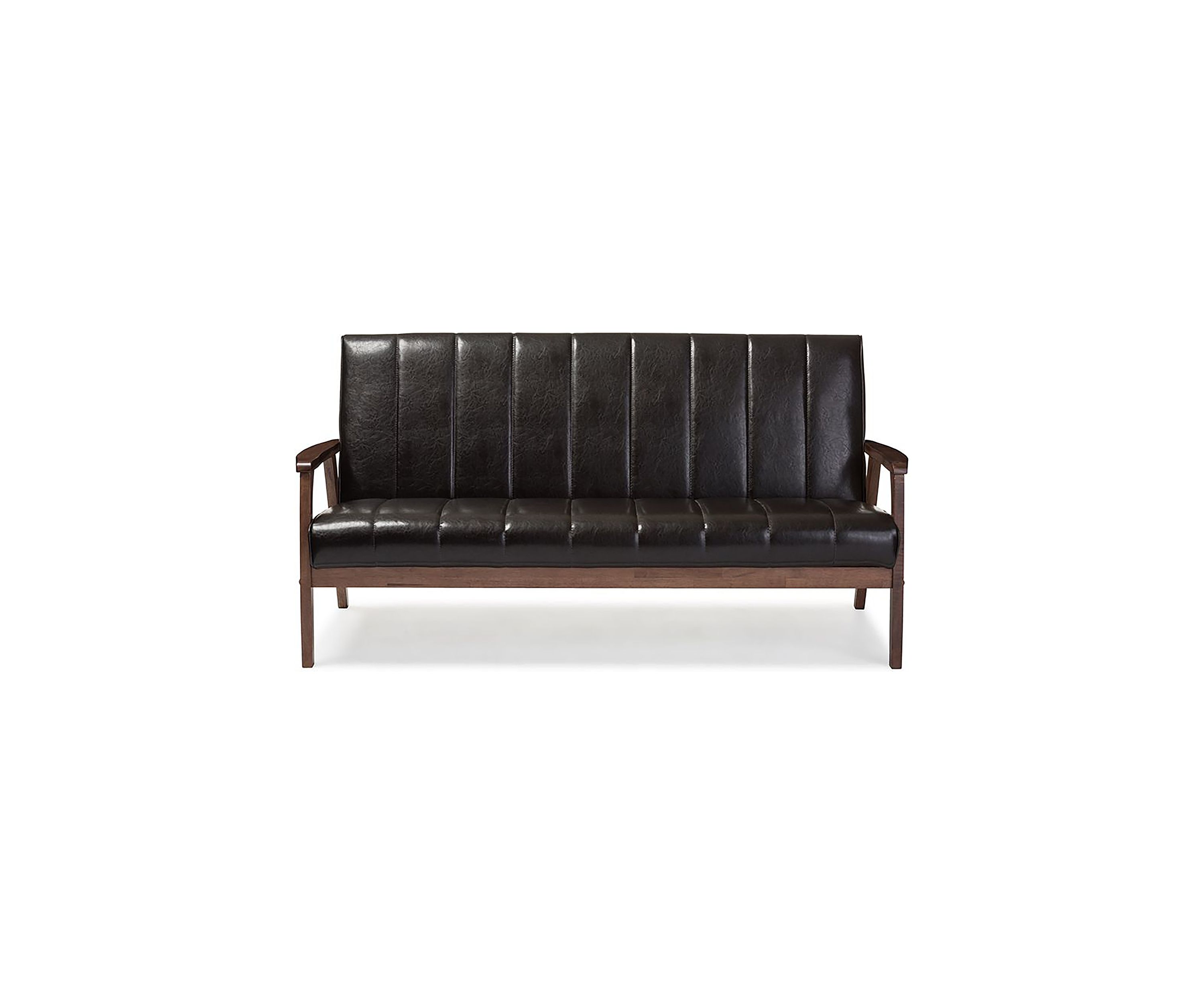 Nikko Mid-century Modern Scandinavian Style Dark Brown Faux Leather Wooden 3-Seater Sofa