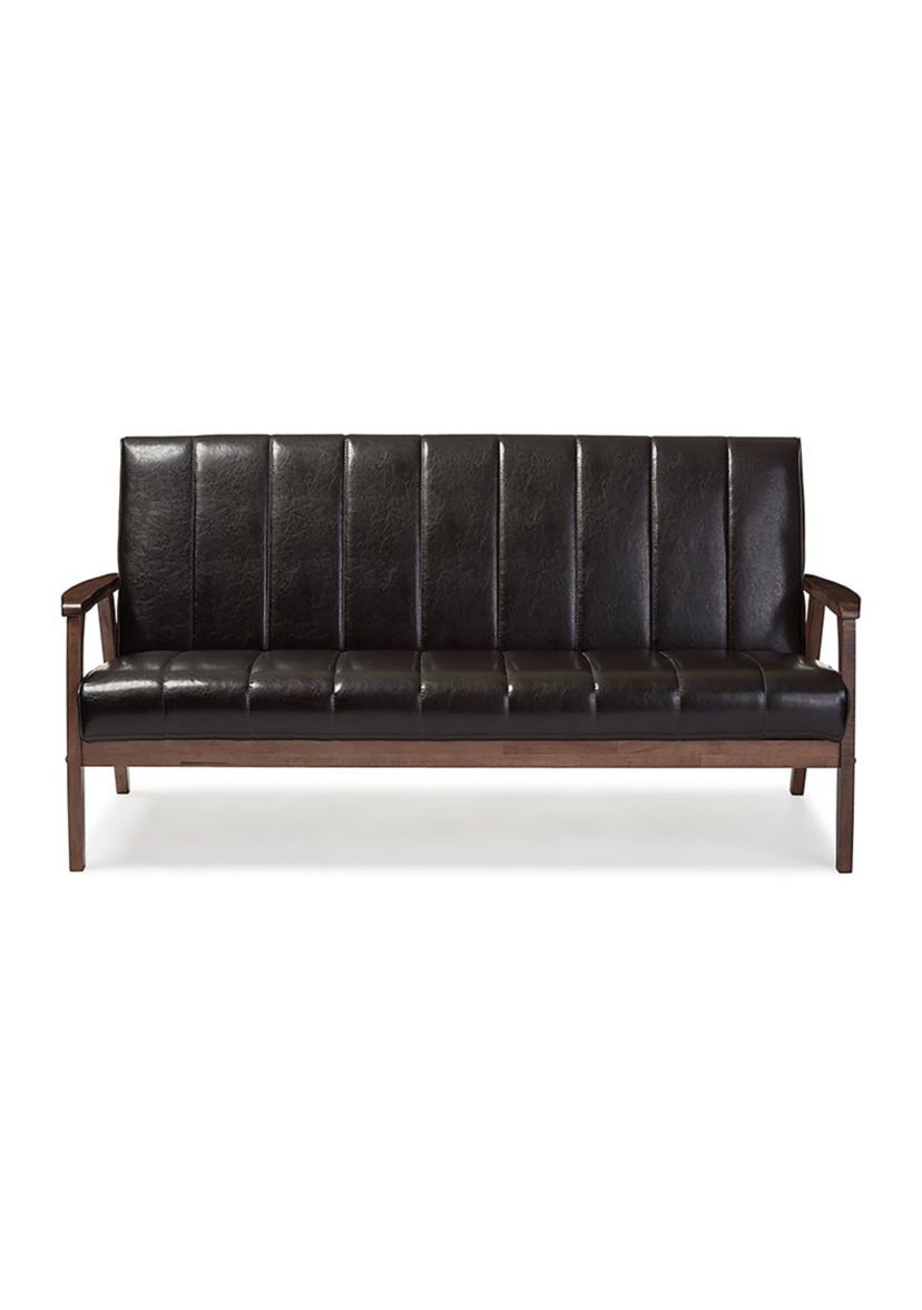 Nikko Mid-century Modern Scandinavian Style Dark Brown Faux Leather Wooden 3-Seater Sofa