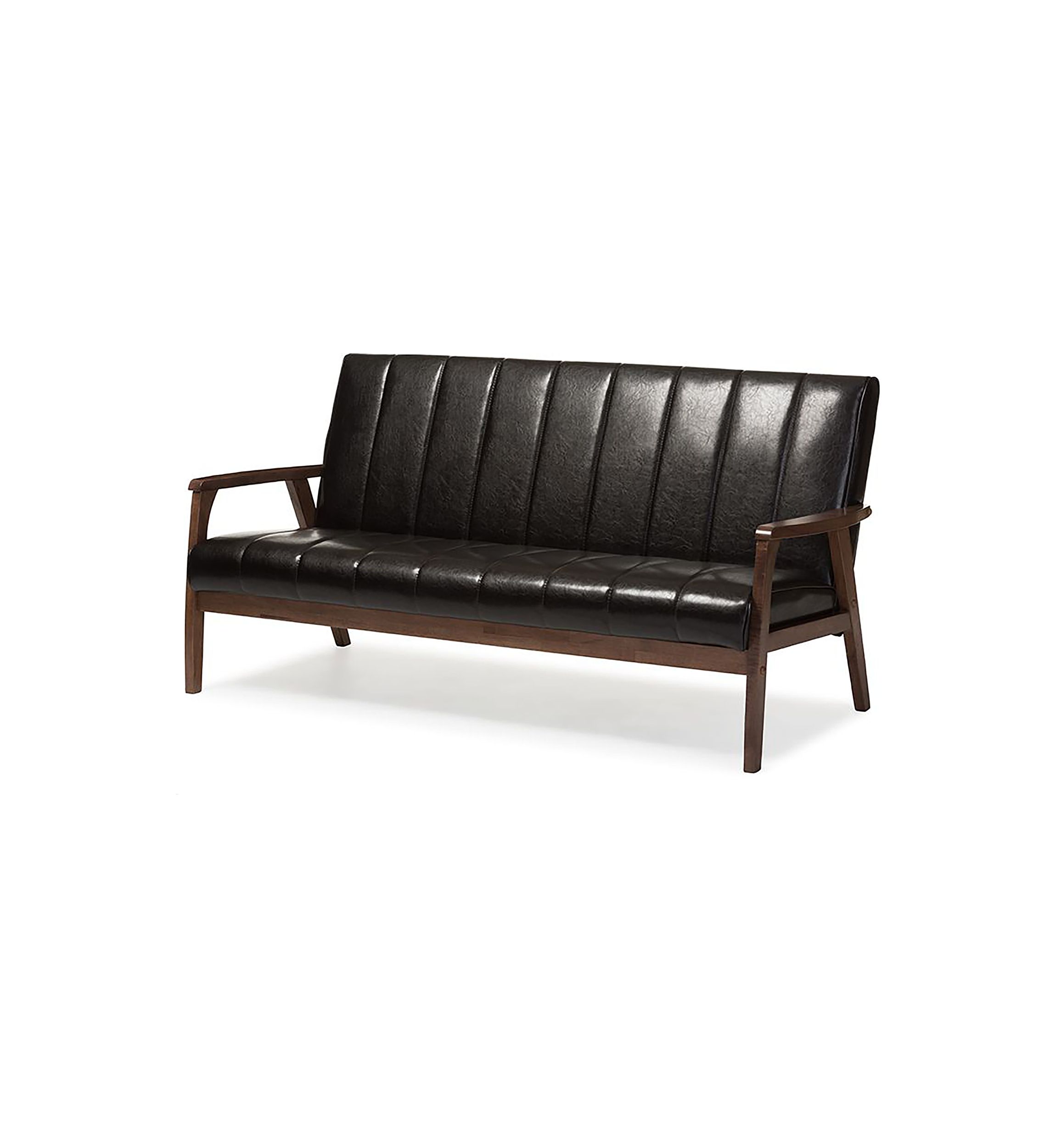 Nikko Mid-century Modern Scandinavian Style Dark Brown Faux Leather Wooden 3-Seater Sofa