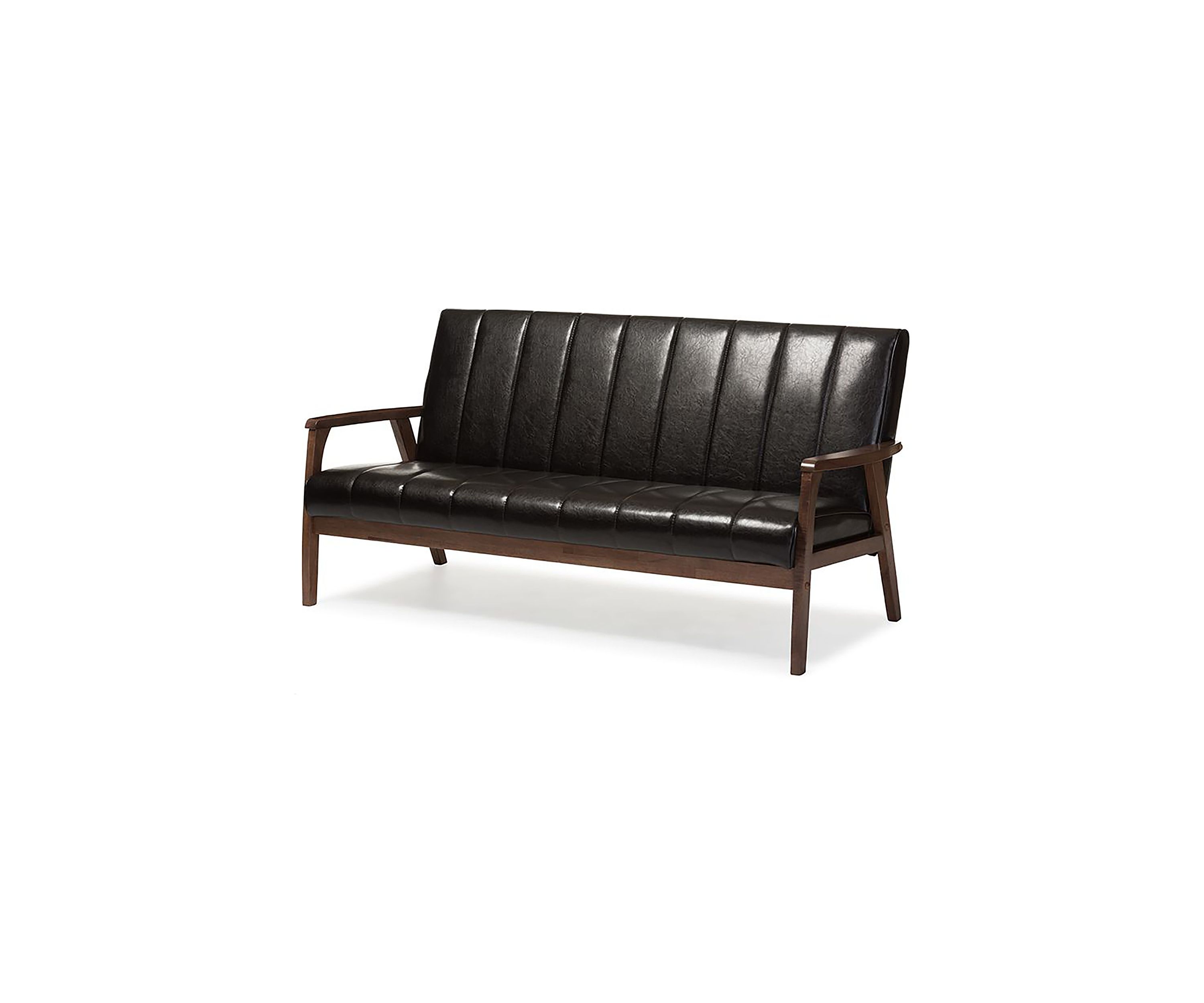 Nikko Mid-century Modern Scandinavian Style Dark Brown Faux Leather Wooden 3-Seater Sofa