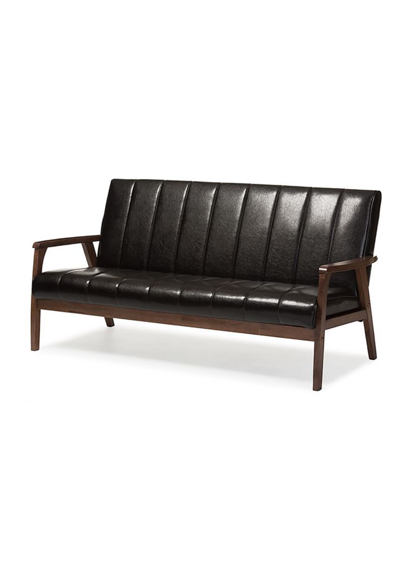 Nikko Mid-century Modern Scandinavian Style Dark Brown Faux Leather Wooden 3-Seater Sofa