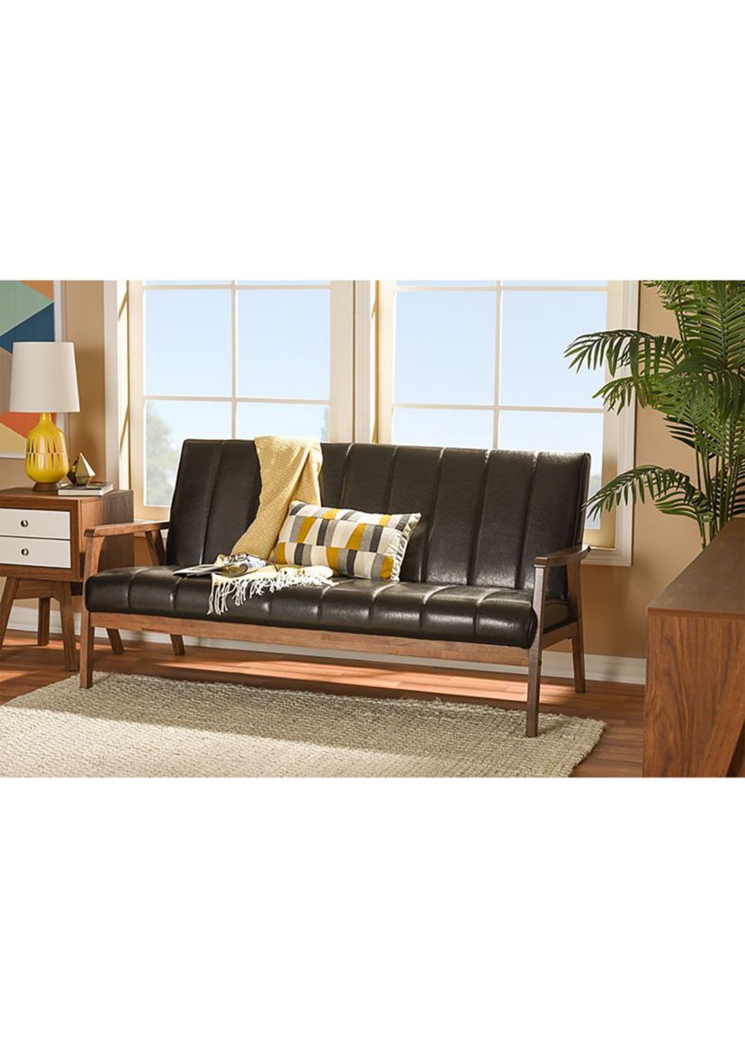 Nikko Mid-century Modern Scandinavian Style Dark Brown Faux Leather Wooden 3-Seater Sofa