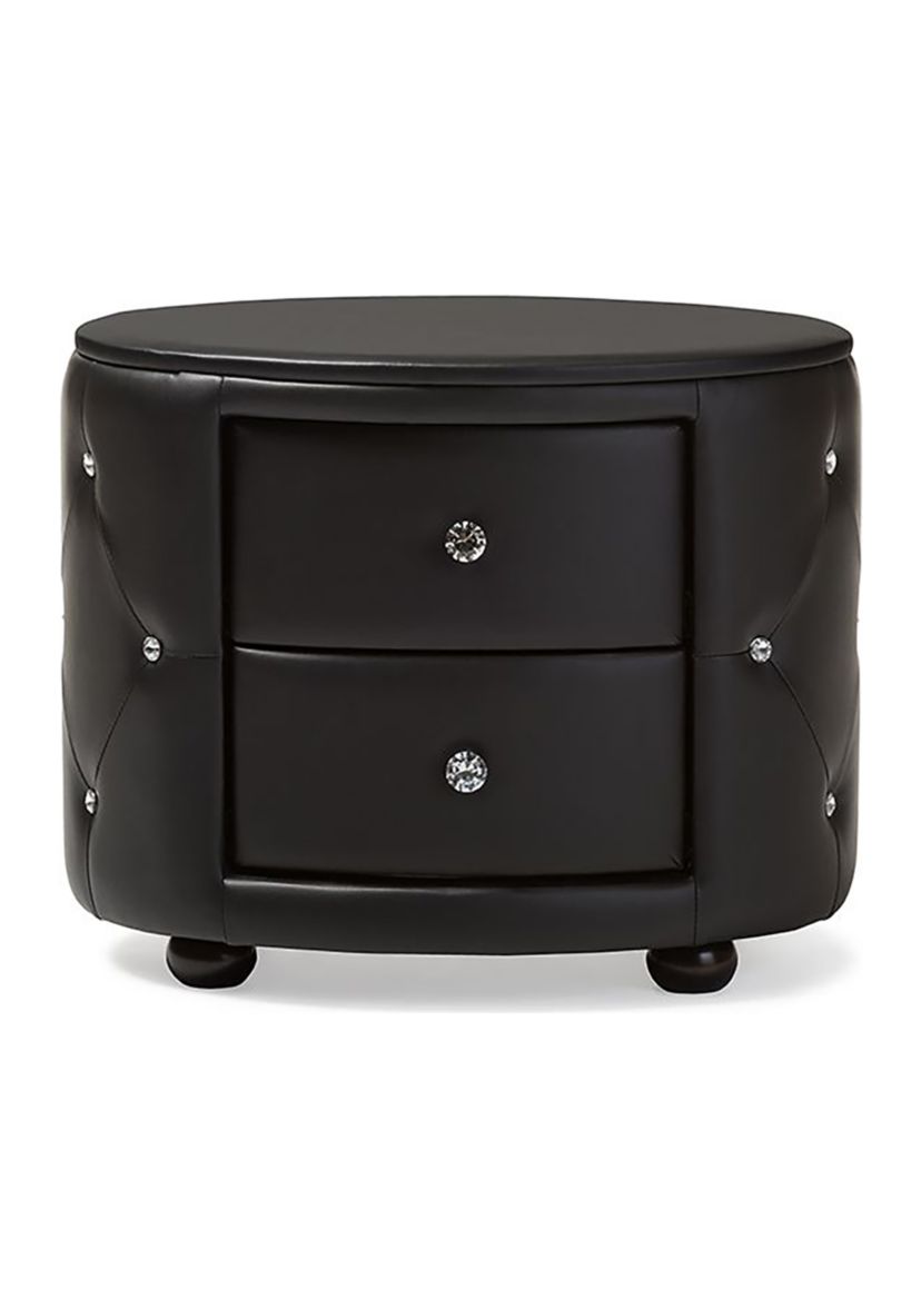Davina Hollywood Glamour Style Oval 2-drawer Black Faux Leather Upholstered Nightstand