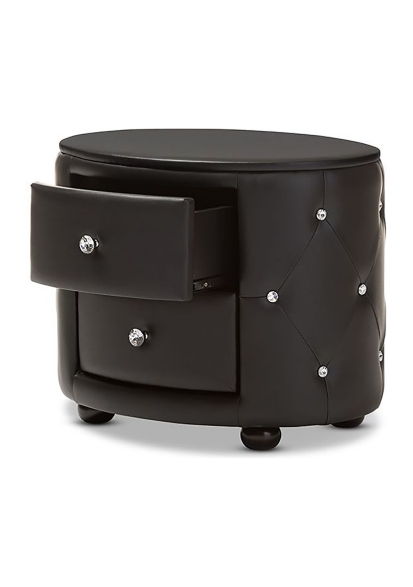 Davina Hollywood Glamour Style Oval 2-drawer Black Faux Leather Upholstered Nightstand