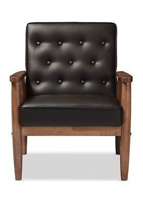 Baxton Studio Sorrento Mid-century Retro Modern Brown Faux Leather Upholstered Wooden Lounge Chair, Dark Brown
