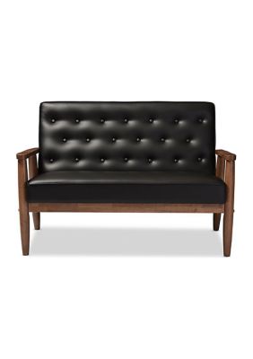 Sorrento Mid-century Retro Modern Black Faux Leather Upholstered Wooden 2-seater Loveseat