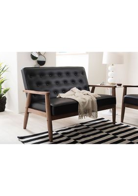 Sorrento Mid-century Retro Modern Black Faux Leather Upholstered Wooden 2-seater Loveseat