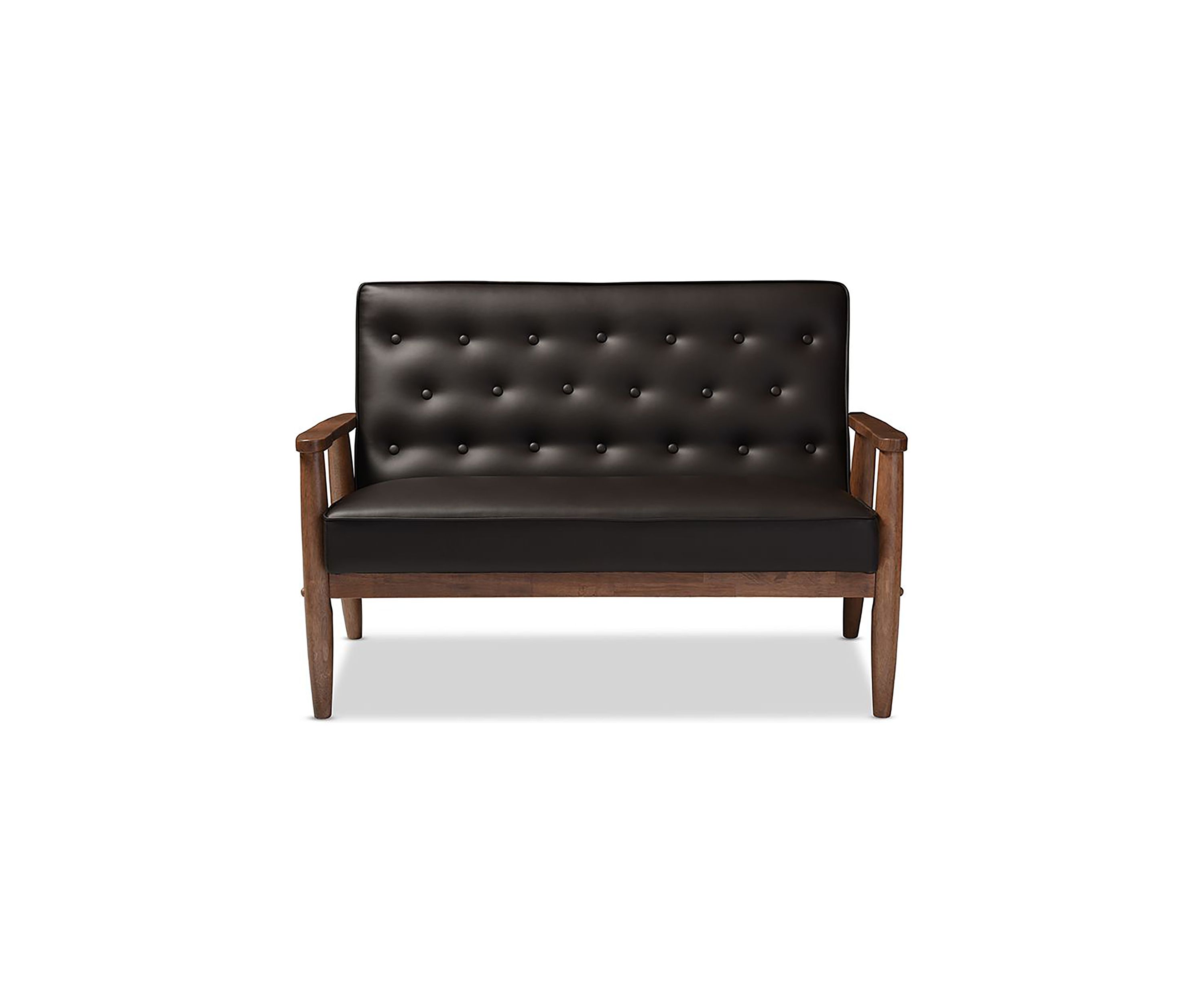 Sorrento Mid-century Retro Modern Brown Faux Leather Upholstered Wooden 2-seater Loveseat