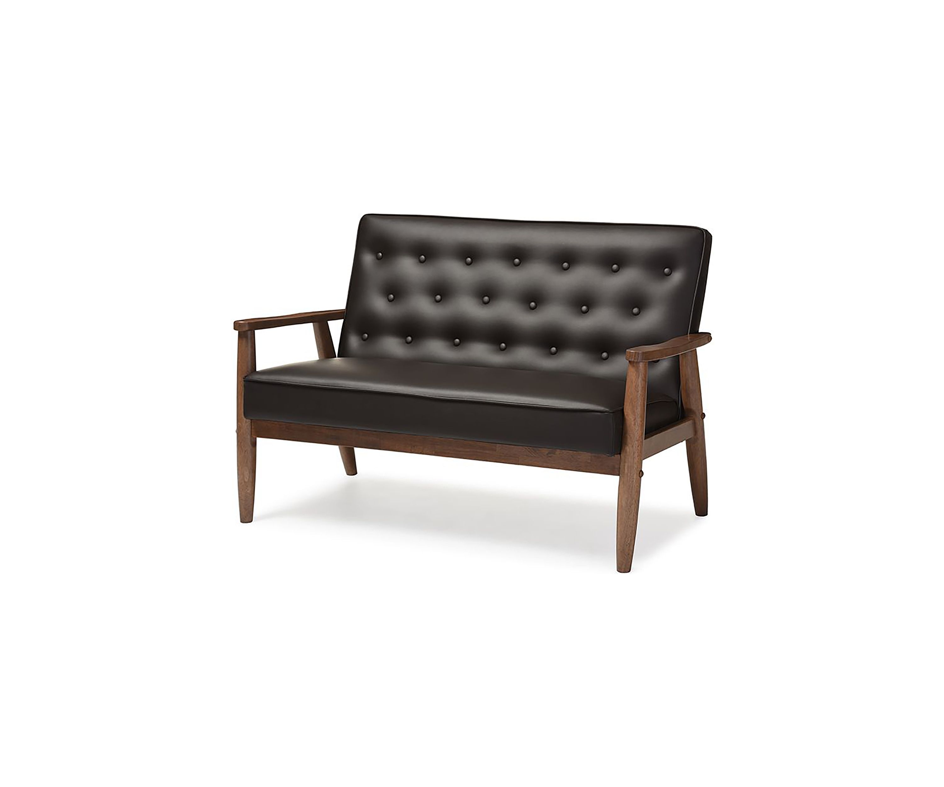 Sorrento Mid-century Retro Modern Brown Faux Leather Upholstered Wooden 2-seater Loveseat