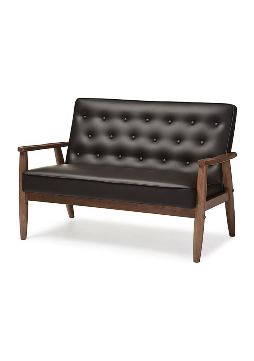 Sorrento Mid-century Retro Modern Brown Faux Leather Upholstered Wooden 2-seater Loveseat