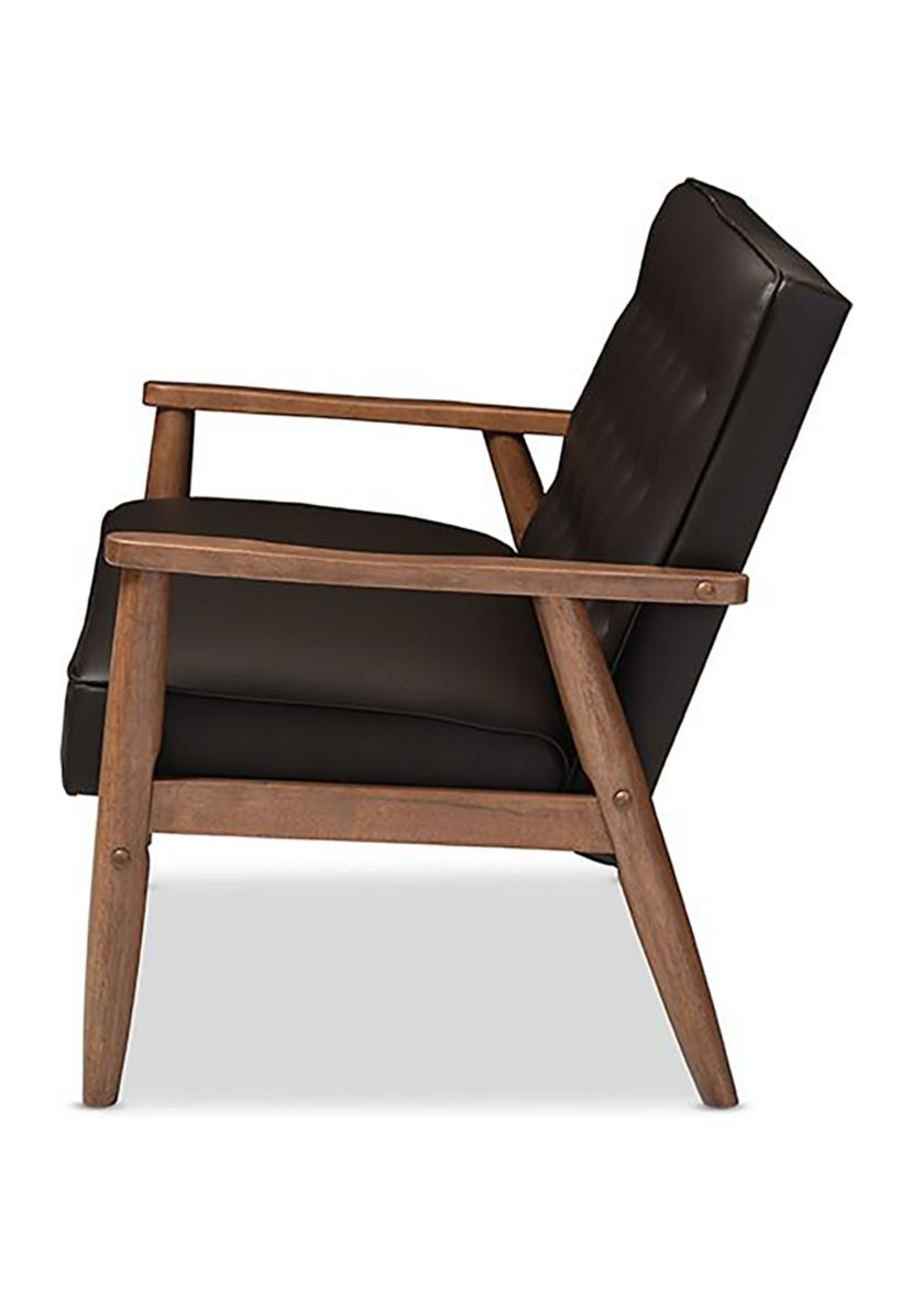 Sorrento Mid-century Retro Modern Brown Faux Leather Upholstered Wooden 2-seater Loveseat