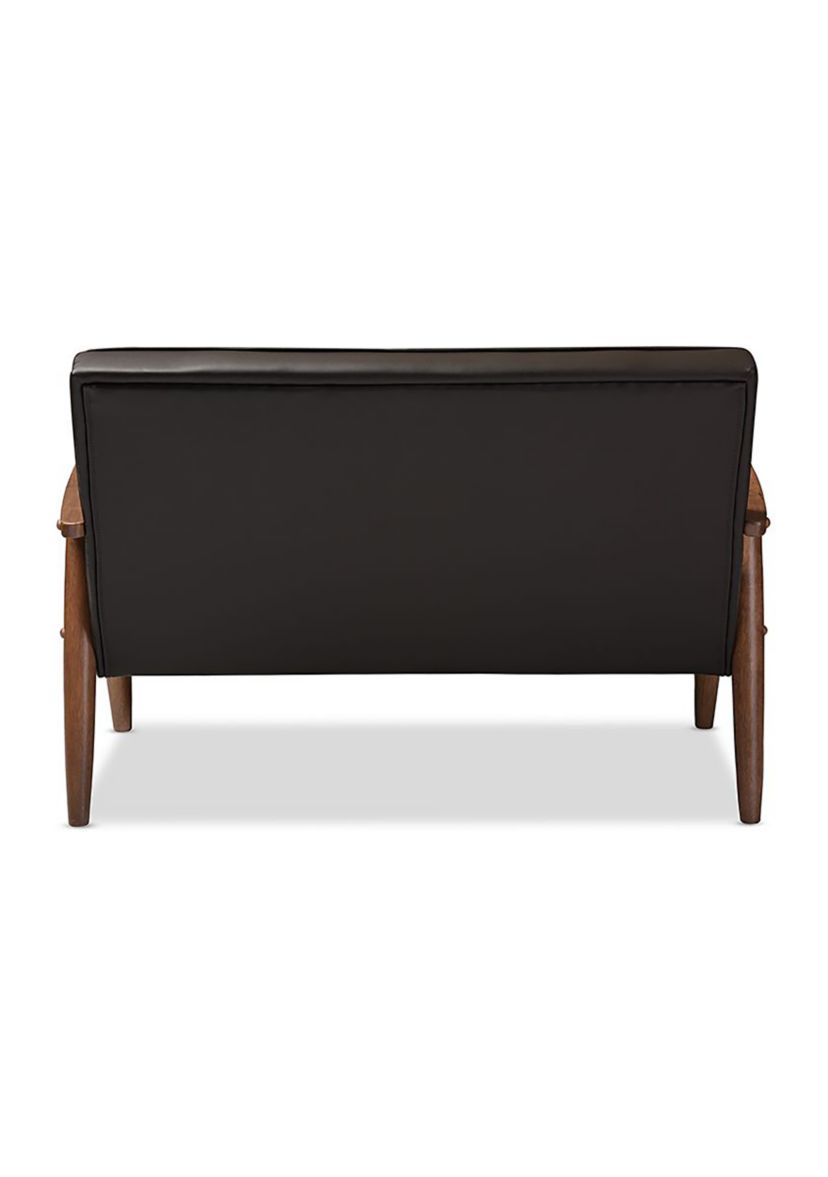 Sorrento Mid-century Retro Modern Brown Faux Leather Upholstered Wooden 2-seater Loveseat