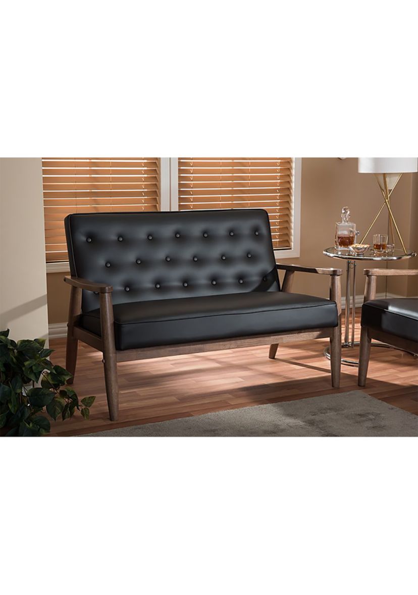 Sorrento Mid-century Retro Modern Brown Faux Leather Upholstered Wooden 2-seater Loveseat