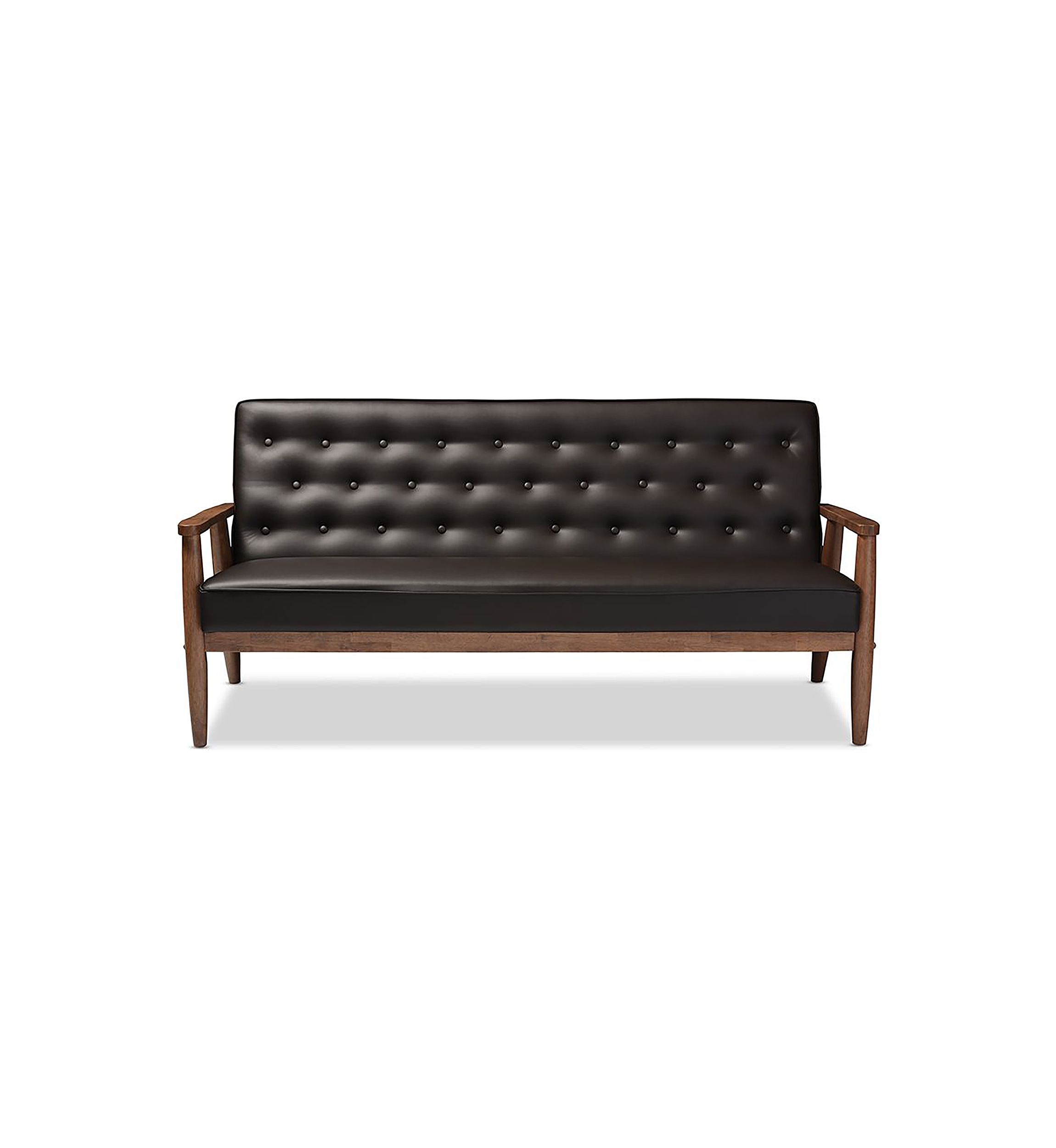 Sorrento Mid-century Retro Modern Brown Faux Leather Upholstered Wooden 3-seater Sofa