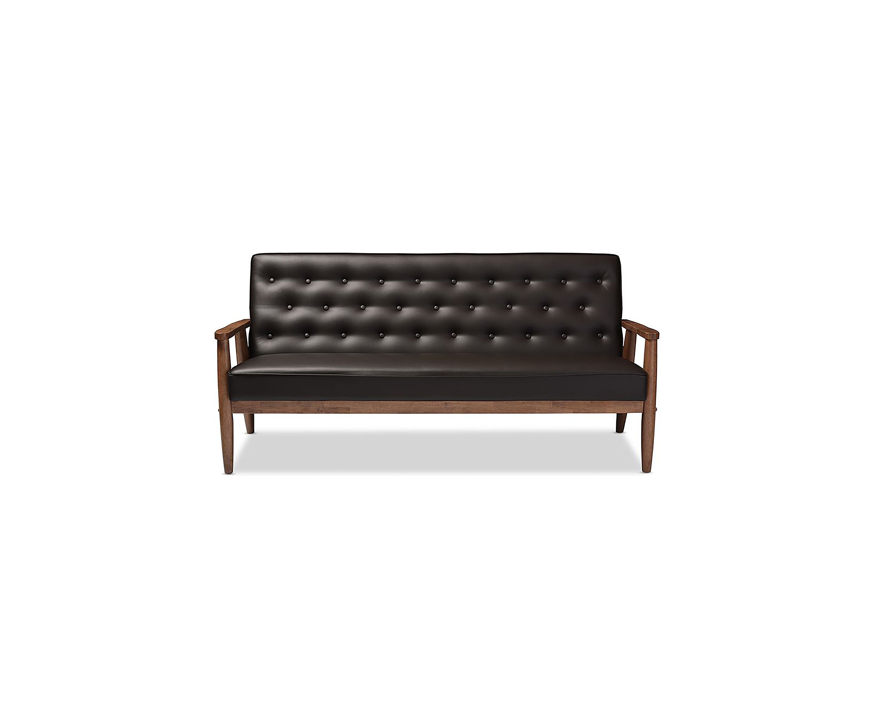 Sorrento Mid-century Retro Modern Brown Faux Leather Upholstered Wooden 3-seater Sofa