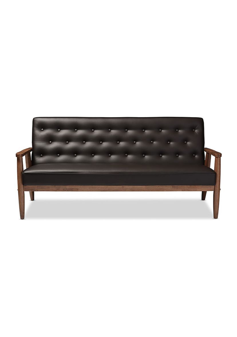 Sorrento Mid-century Retro Modern Brown Faux Leather Upholstered Wooden 3-seater Sofa