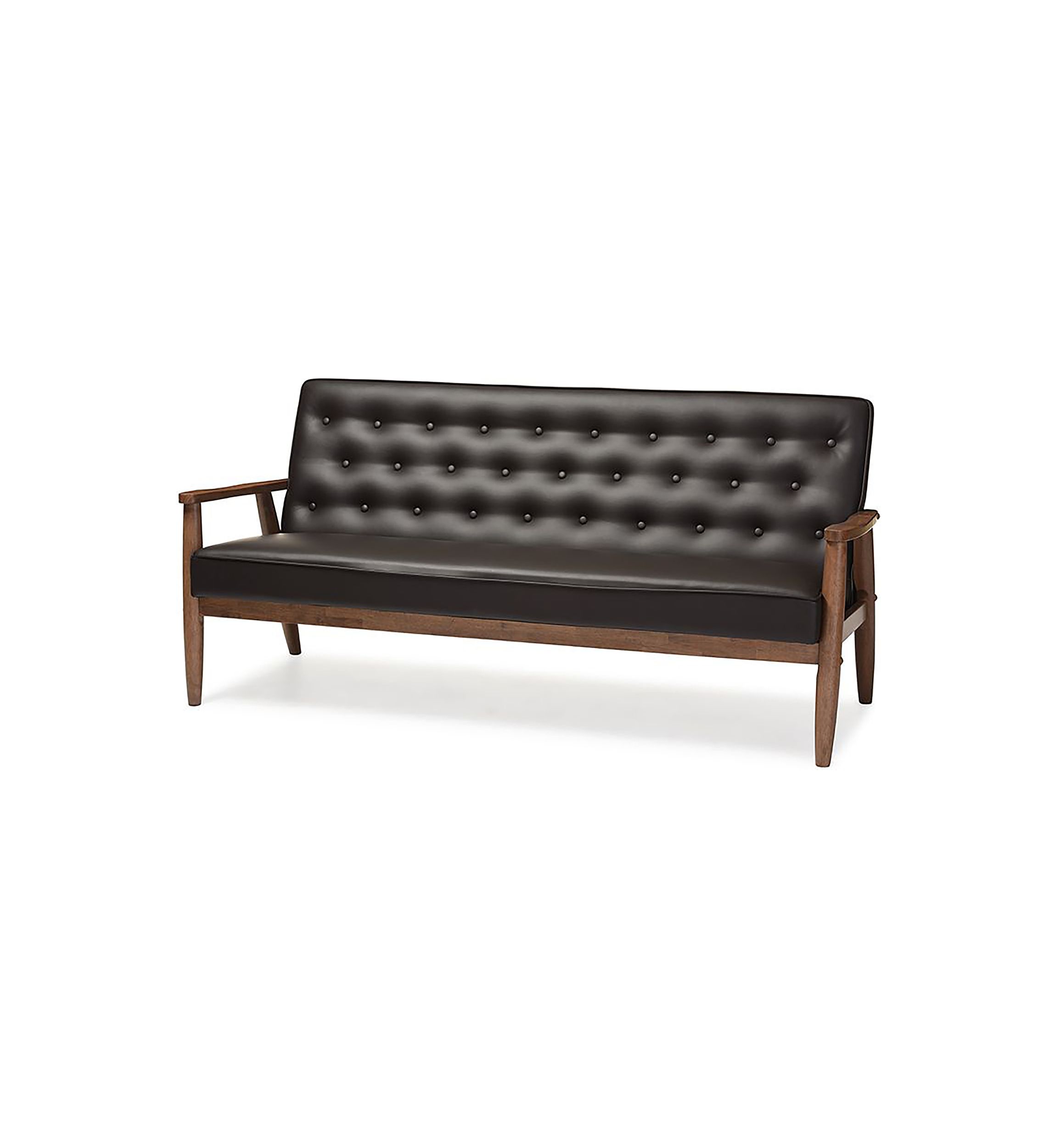 Sorrento Mid-century Retro Modern Brown Faux Leather Upholstered Wooden 3-seater Sofa
