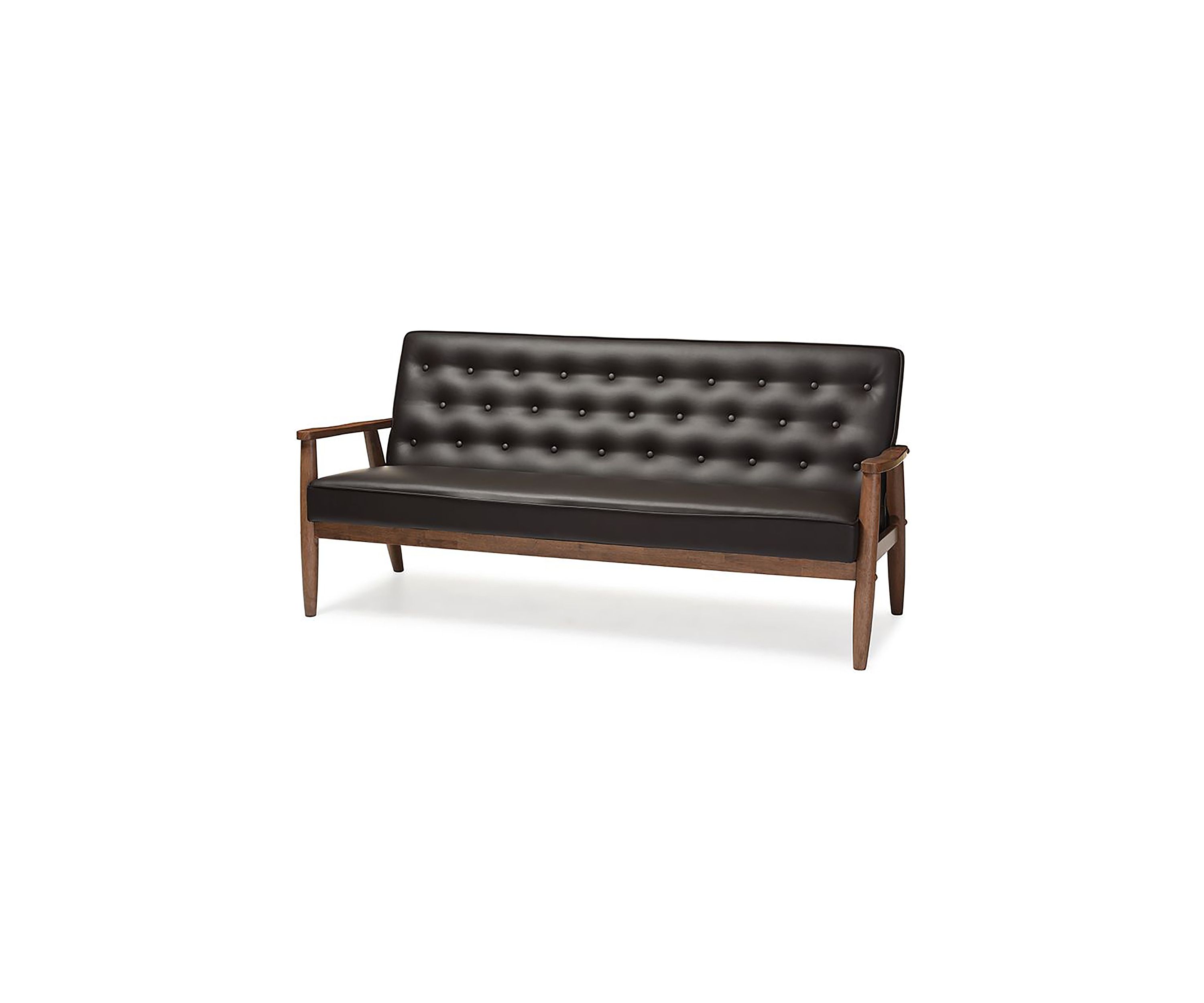 Sorrento Mid-century Retro Modern Brown Faux Leather Upholstered Wooden 3-seater Sofa