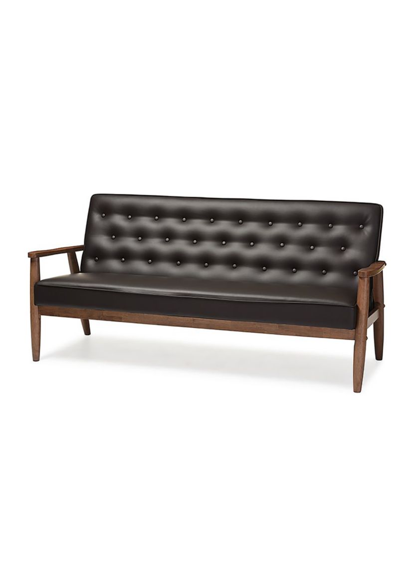Sorrento Mid-century Retro Modern Brown Faux Leather Upholstered Wooden 3-seater Sofa