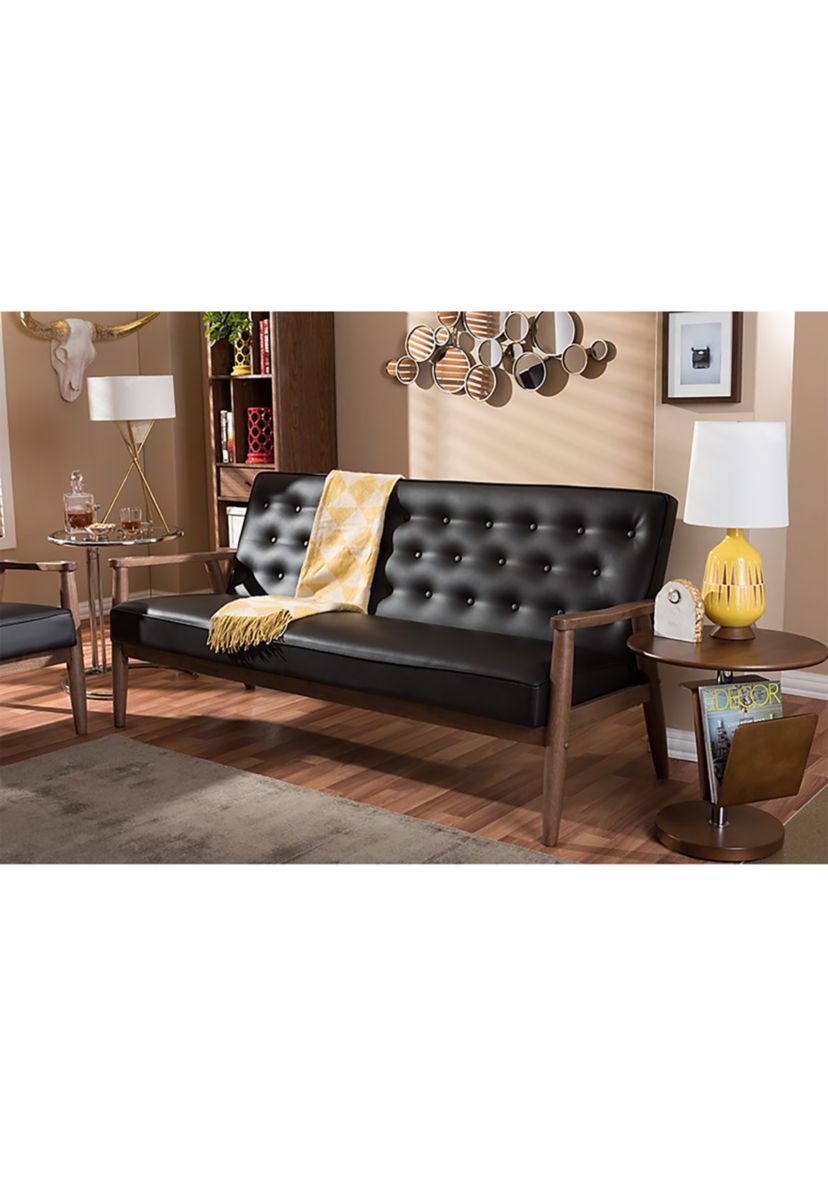 Sorrento Mid-century Retro Modern Brown Faux Leather Upholstered Wooden 3-seater Sofa