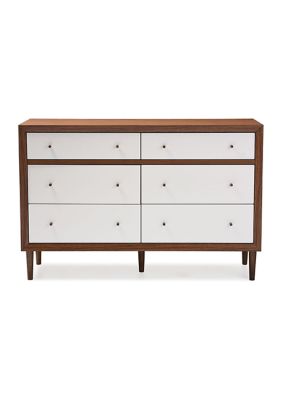 Harlow Mid-Century Modern Scandinavian Style White and Walnut Wood 6-Drawer Storage Dresser