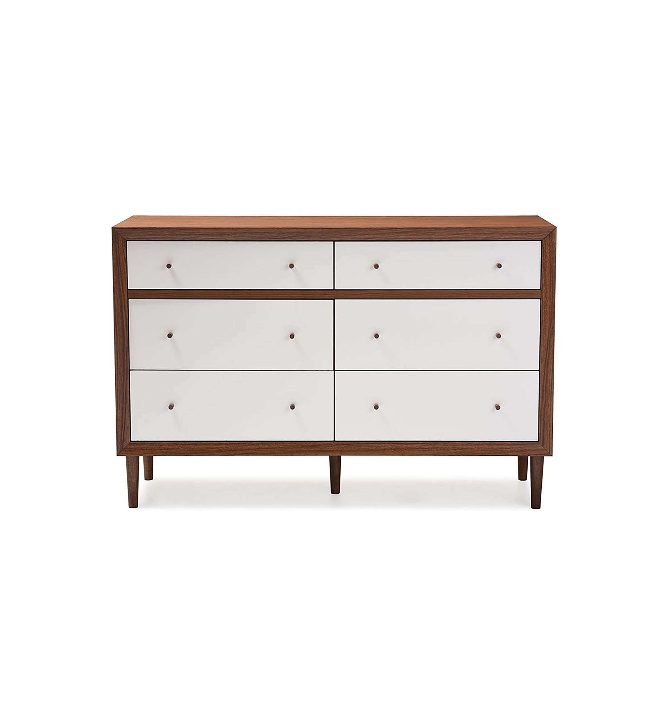 Harlow Mid-Century Modern Scandinavian Style White and Walnut Wood 6-Drawer Storage Dresser