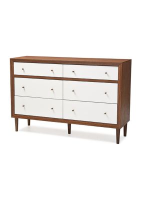 Harlow Mid-Century Modern Scandinavian Style White and Walnut Wood 6-Drawer Storage Dresser